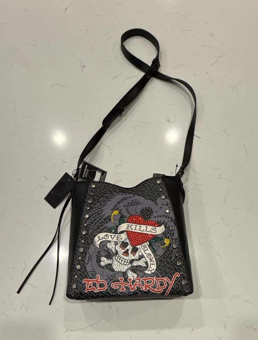 Ed Hardy Love Kills Slowly Monogram Crossbody Bag with Heart Charm and Tags